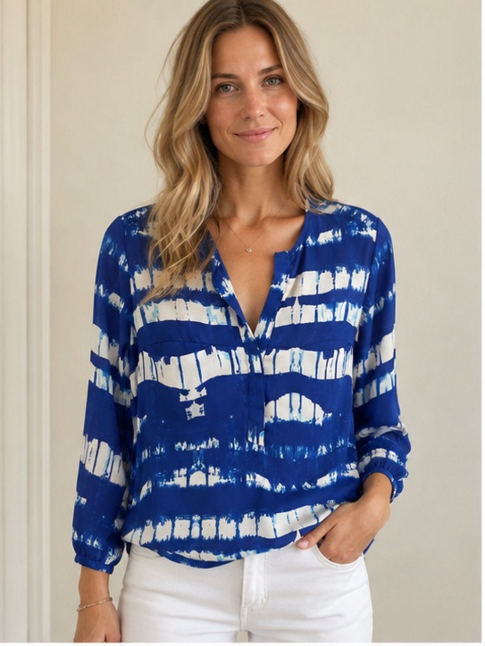 Three Eighty Two Blue White Tie-Dye High-Low Tunic Blouse XS (runs large)